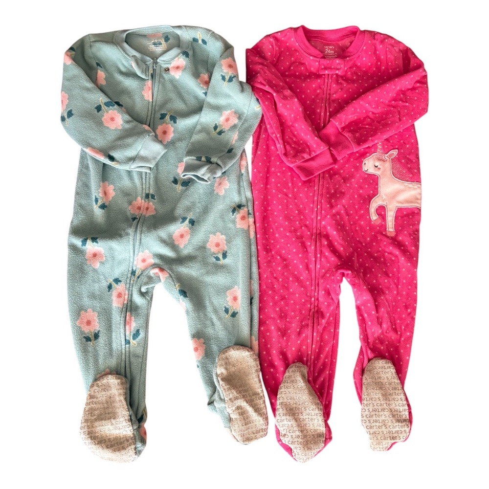 Carters Girls 24M Fleece Footed Pajamas Lot 2 Unicorn Floral Pink‎ Blue Sleeper